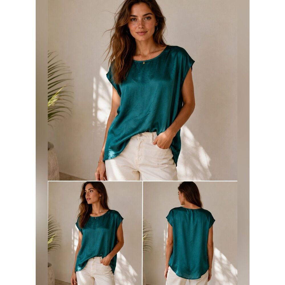 Frenchi Bohemian Satin Tunic Sleeveless Top Green Size L